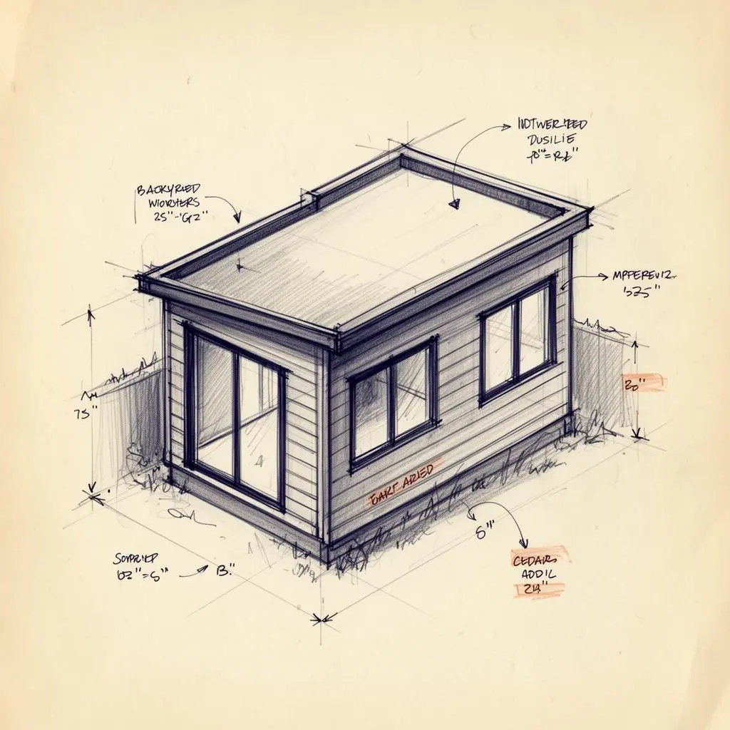 Hand-drawn isometric sketch of an Alpha Dream backyard ADU, a Project 09-B field study